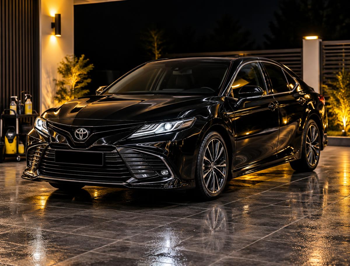 Freshly detailed black car at a home driveway