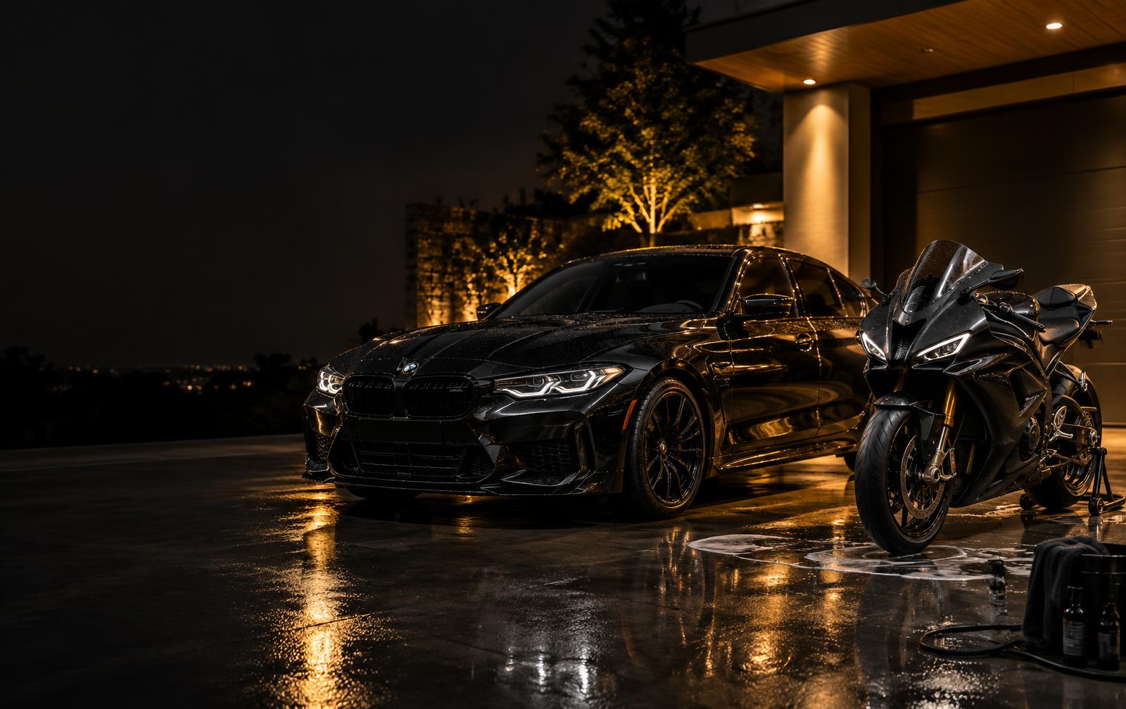 A freshly detailed black car and motorcycle together at a home driveway