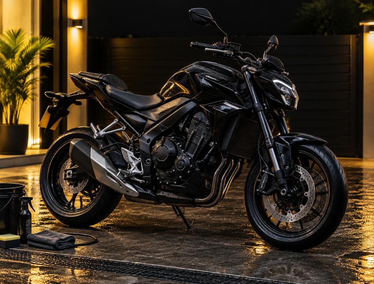 Freshly detailed black motorcycle at a home driveway
